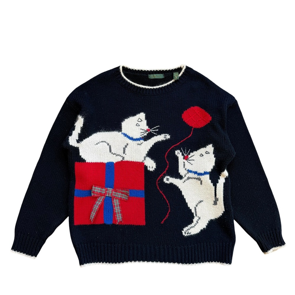 Vintage Robinsons Cat Christmas Sweater Navy Blue Knit Mohair Wool Blend Medium